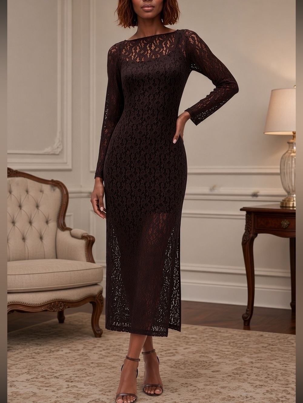 GAP Brown Lace Bell-Sleeve Maxi Dress: Medium